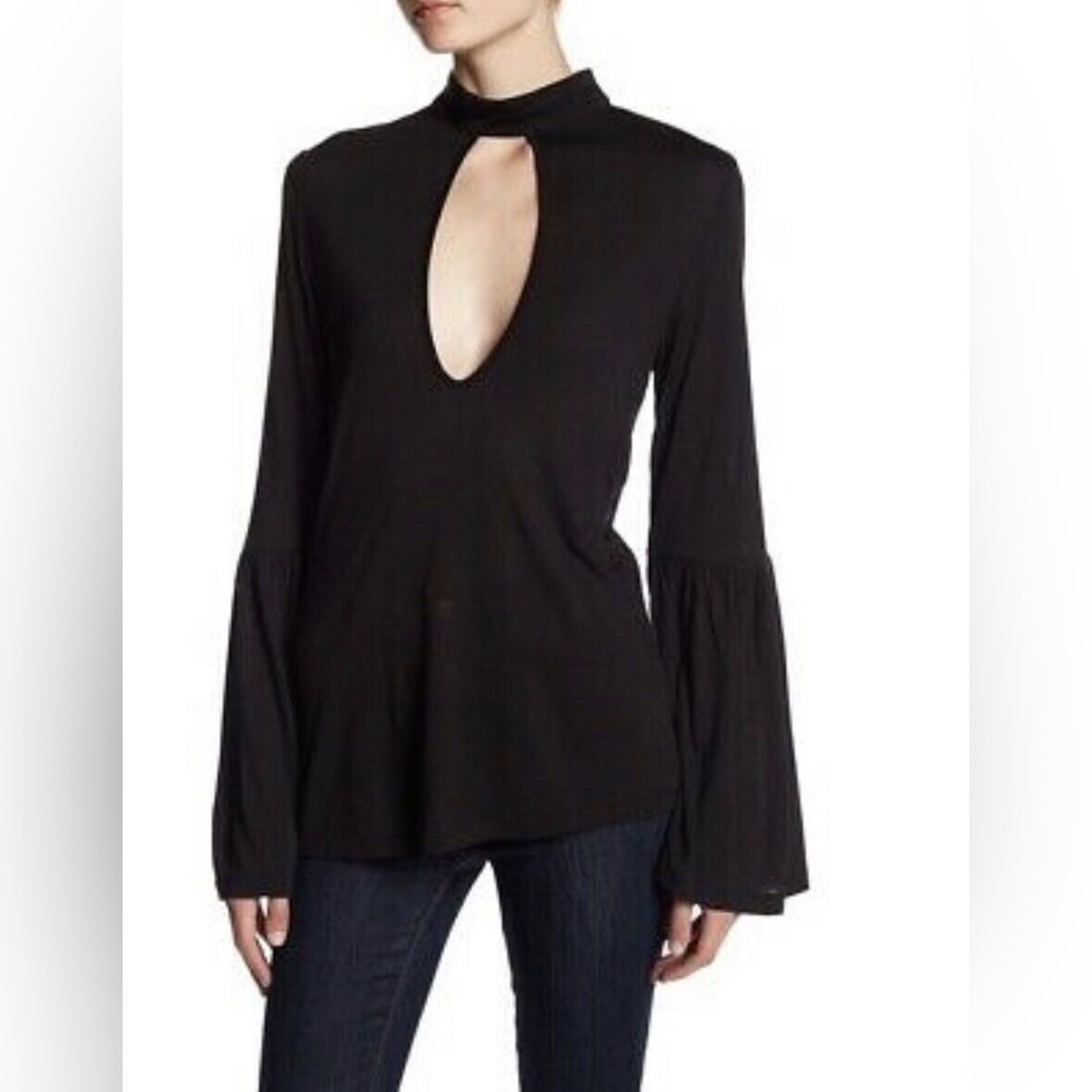 Haute Hippie Black Keyhole Mock Neck Bell Sleeve Top Size M